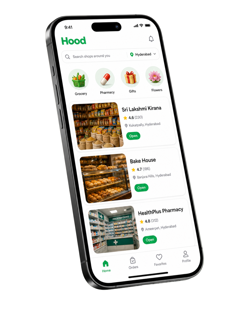 Hood app on a smartphone showing shops around you in Hyderabad