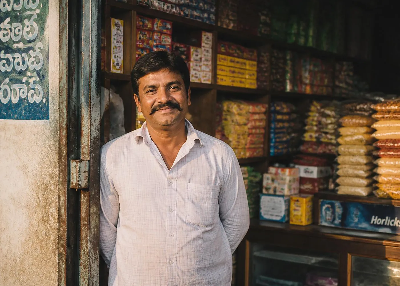 A shopkeeper standing in the doorway of his kirana, shelves stocked with packets and provisions behind him.